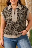 Beige Ribbed Patchwork Collar Cuffed Sleeve Leopard Plus Top