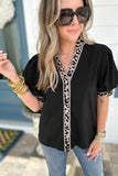 Black V Neck Short Puff Sleeve Contrast Striped Leopard Trim Button Down Shirt