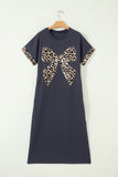 Dark Grey Contrast Leopard Bow Patched Short Sleeve T Shirt Long Dress