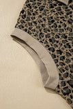 Beige Ribbed Patchwork Collar Cuffed Sleeve Leopard Plus Top