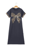 Dark Grey Contrast Leopard Bow Patched Short Sleeve T Shirt Long Dress