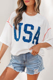 White USA Graphic Half Sleeve Loose Ribbed Top