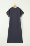 Dark Grey Contrast Leopard Bow Patched Short Sleeve T Shirt Long Dress