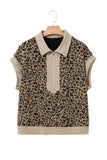 Beige Ribbed Patchwork Collar Cuffed Sleeve Leopard Plus Top