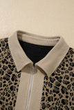 Beige Ribbed Patchwork Collar Cuffed Sleeve Leopard Plus Top